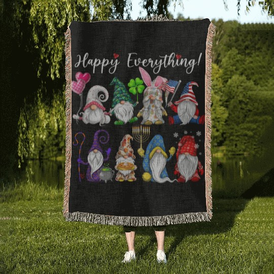 Happy Everything Gnomes Every Seasons All Year Woven Blankets