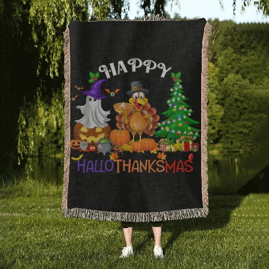 Retro Happy HalloThanksMas  Woven Blankets