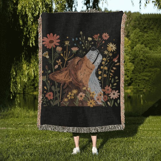 Serene Howling Wolf Amid Floral Bloom Woven Blankets