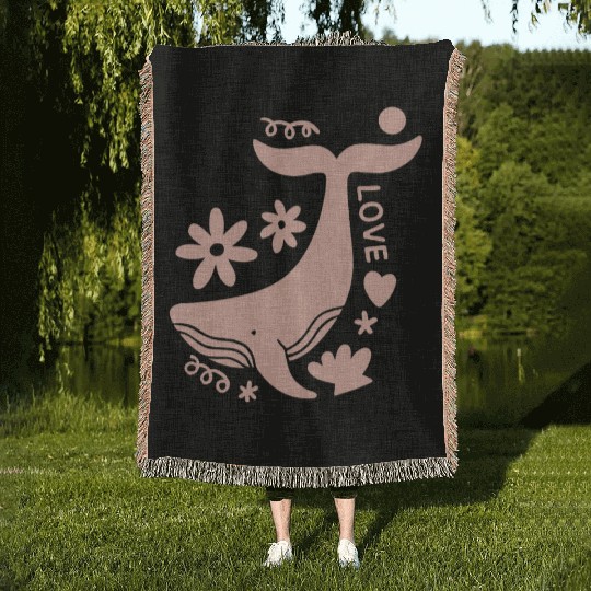 Whimsical Pink Whale with Floral Accents Woven Blankets