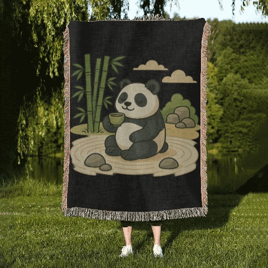 Serene Panda in Bamboo Garden Woven Blankets