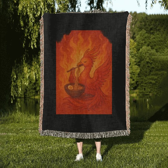 Fiery Phoenix with Ramen Bowl Woven Blankets