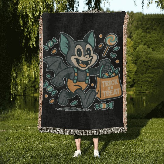 Cute Bat with Candy Bag Halloween Design Woven Blankets