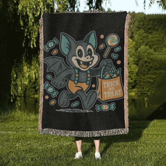 Cute Bat with Candy Bag Halloween Design Woven Blankets