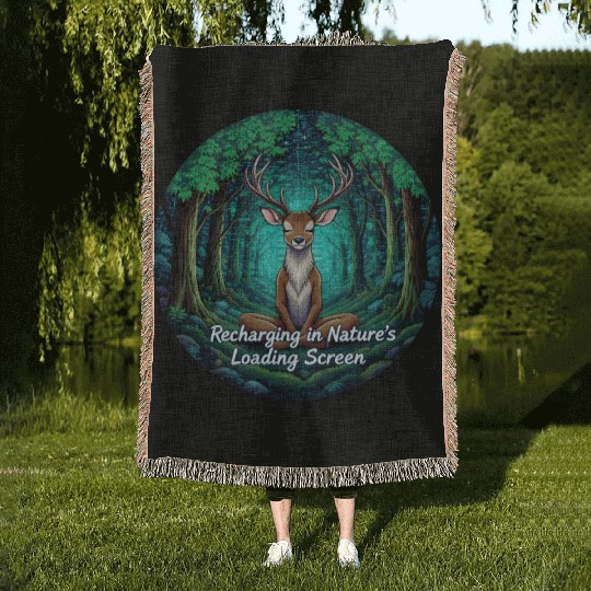 Enchanted Forest Deer Meditation Design Woven Blankets
