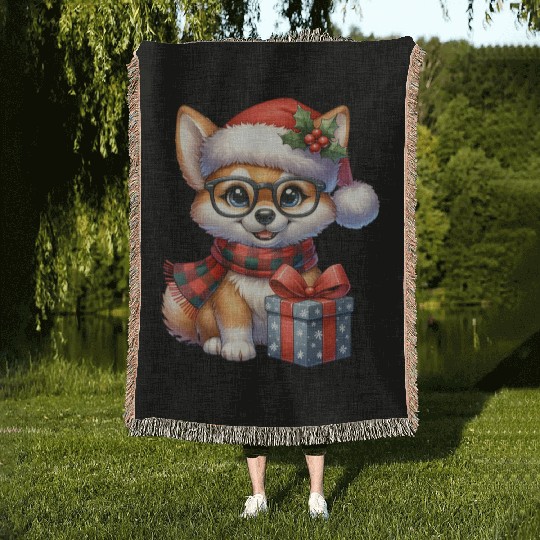 Festive Holiday Pug with Glasses and Gift Woven Blankets