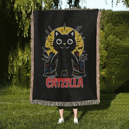 Nighttime City Monster Catzilla Design Woven Blankets