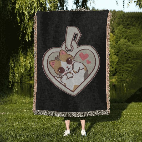 Kawaii Calico Cat Heart Locket Woven Blankets