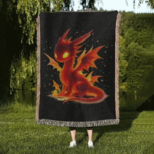 Luminous Fire Dragon Illustration Woven Blankets