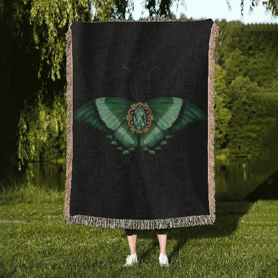 May Emerald Peacock Butterfly Gemstone Design Woven Blankets