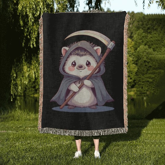 Cute Hooded Hedgehog with Scythe Woven Blankets