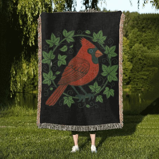 Vibrant Cardinal Amidst Ivy Leaves Woven Blankets