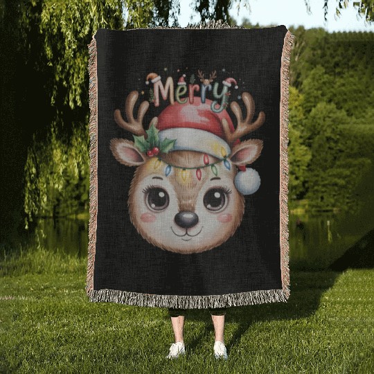 Rudolph Reindeer Watercolor Cozy Holiday Art Woven Blankets