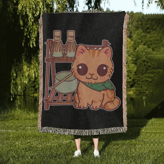 Kawaii Cat at Matcha Station Woven Blankets