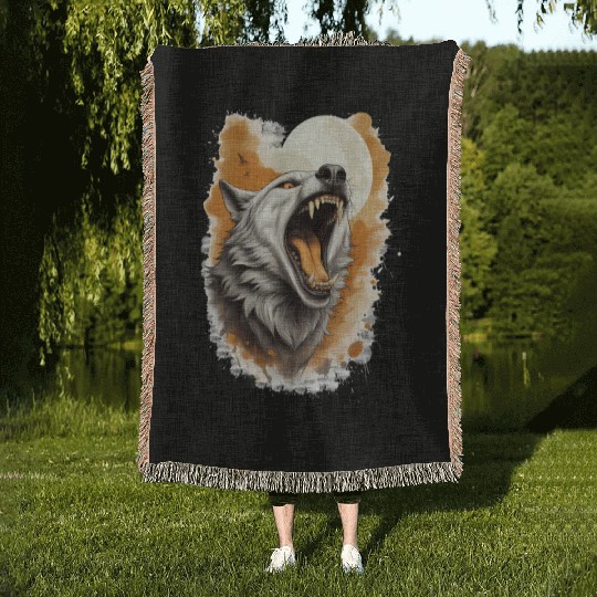 Howling Wolf Under Full Moon Woven Blankets