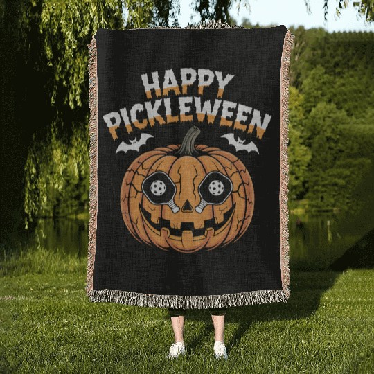 Pickleween Pickleball Player Halloween Pumpkin Woven Blankets