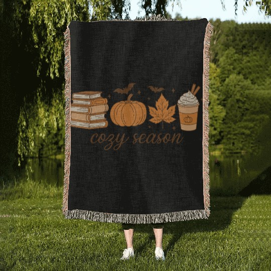 Cozy Season Pumpkin Latte Halloween Books & Leaves Woven Blankets