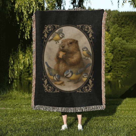 Marmot groundhog cute animal eating with birds Woven Blankets