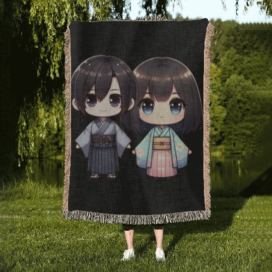 Chibi Kawaii Traditional Kimono Duo Woven Blankets
