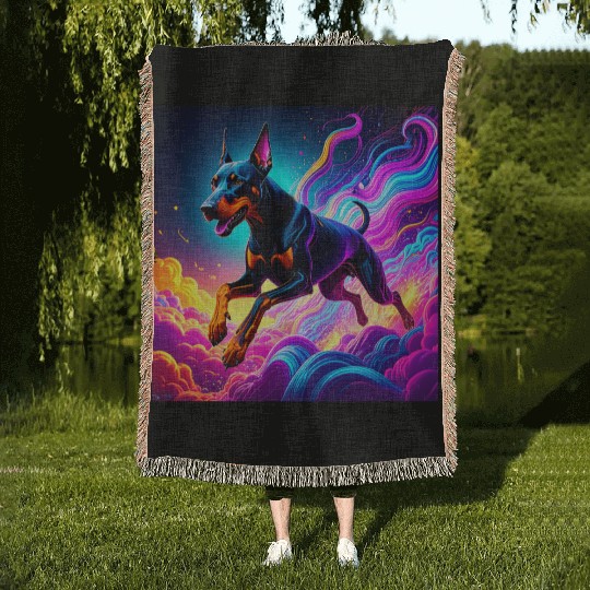 Neon Doberman Illustration Woven Blankets