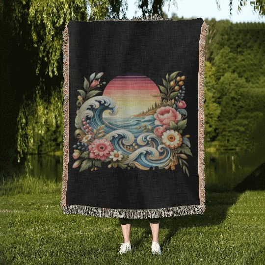 Elegant Wave and Floral Sunset Scene - GOD IS GOOD Woven Blankets