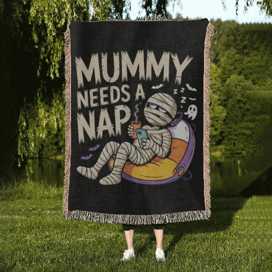 Mummy with Coffee Napping Design Woven Blankets