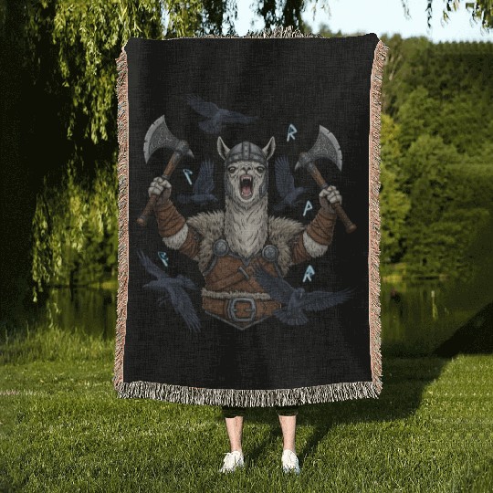 Viking Alpaca Warrior Illustration Woven Blankets