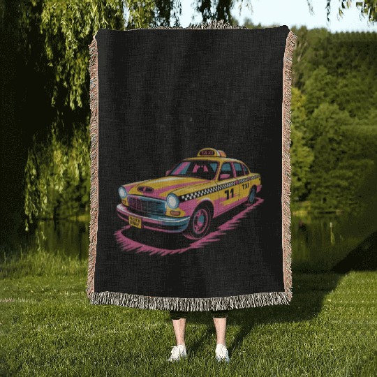 Vibrant Taxi Dreams Illustration Woven Blankets