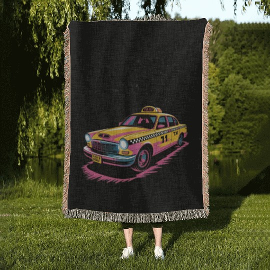 Vibrant Taxi Dreams Illustration Woven Blankets