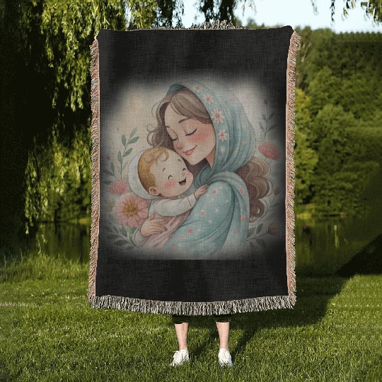 islamic Mother and Child Embrace in Blossom Woven Blankets