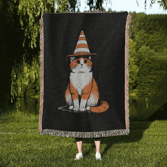 Traffic Cone Cat Woven Blankets
