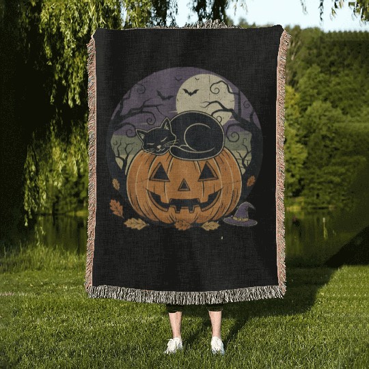 Spooky Cat Nap Pumpkin | Halloween Party Design Woven Blankets