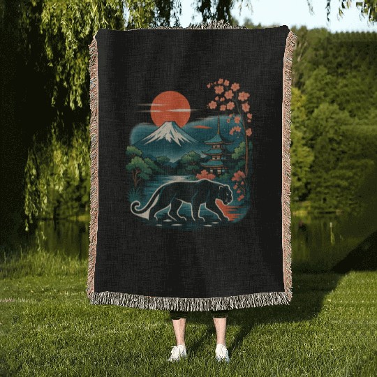 Serene Japanese Landscape with Mount Fuji Woven Blankets