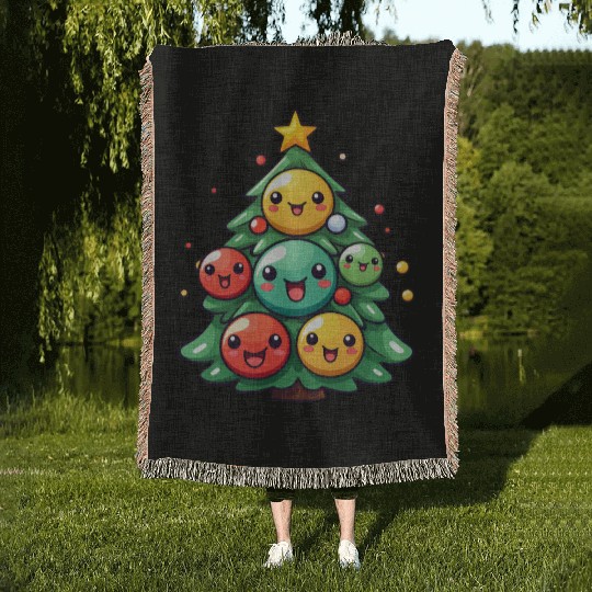 Kawaii Christmas Tree with Chibi Ornaments Woven Blankets