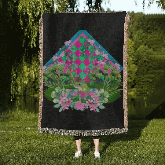 Frog in pink and green  Woven Blankets