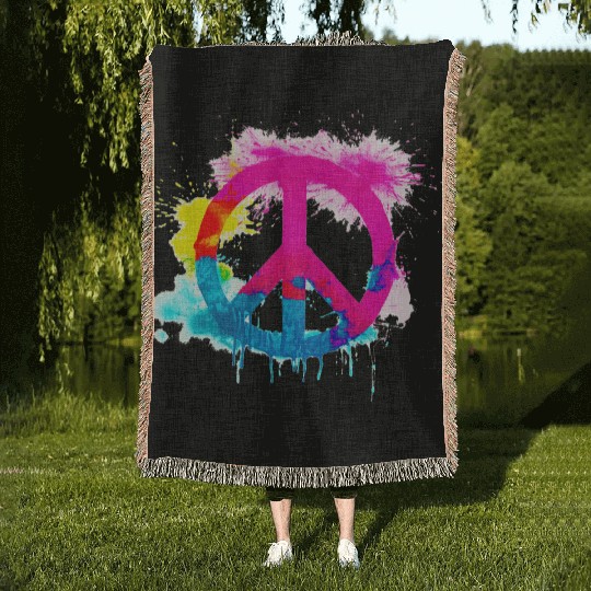 Peace sign neon colors groovy spray paint splatter Woven Blankets