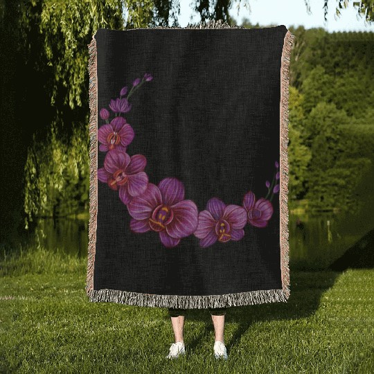Violet Moon Orchid Flower branch illustration Woven Blankets
