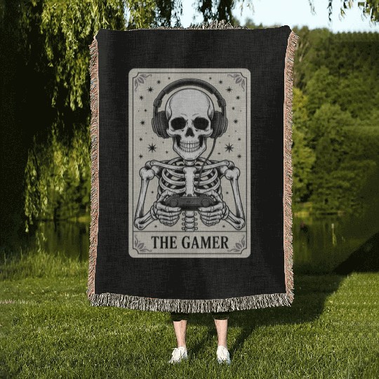 Tarot Card Skeleton Video Game Halloween Gamer Woven Blankets