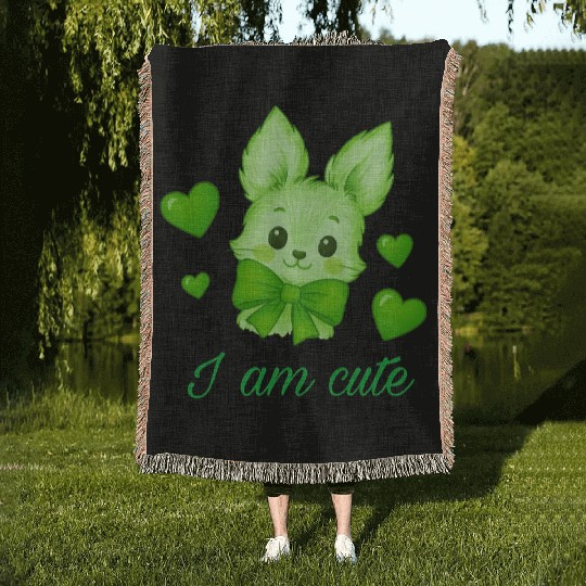 Cute Green Bunny with Bow – Kawaii Animal Design Woven Blankets