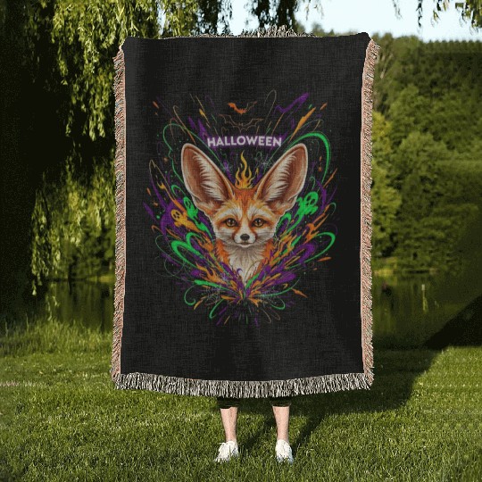 Halloween Fox with Psychedelic Fireworks Woven Blankets