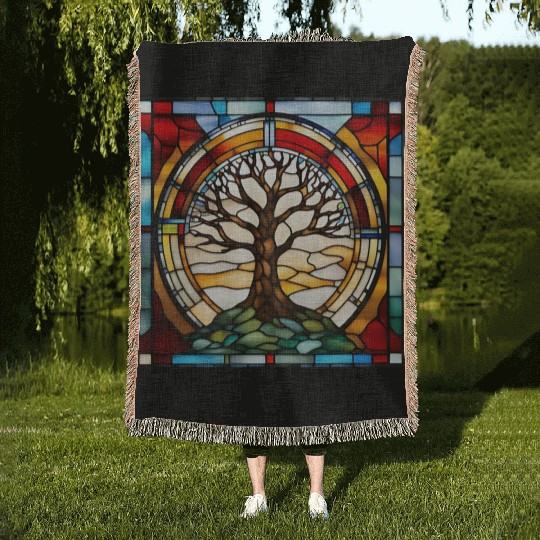 Stained Glass Tree of Life Artwork Woven Blankets