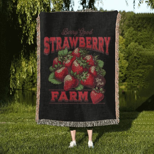 Strawberry Farm Vintage Illustration Woven Blankets