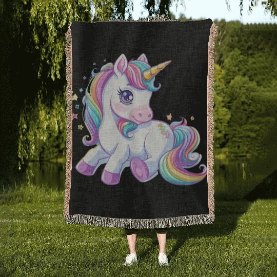 Cute unicorn rainbow fantasy Woven Blankets
