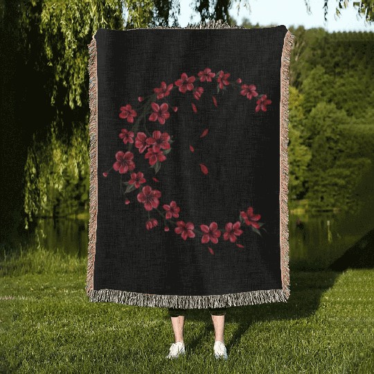 Red Moon Cherry Blossom Sakura Flower Design Woven Blankets