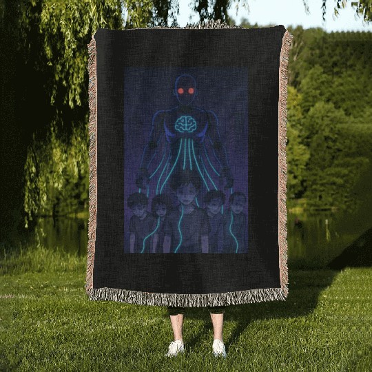Neon AI Overlord with Kid Victims Woven Blankets