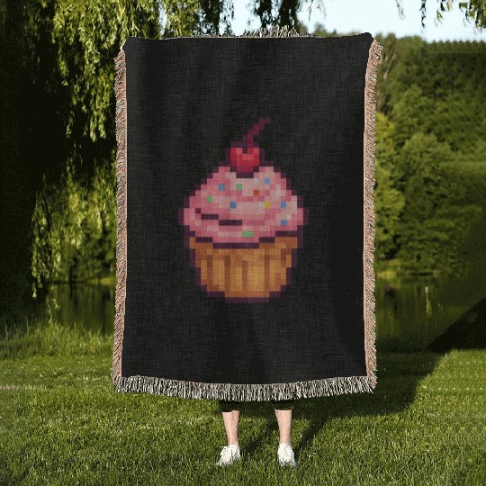 Pixel Art Cupcake with Cherry Woven Blankets