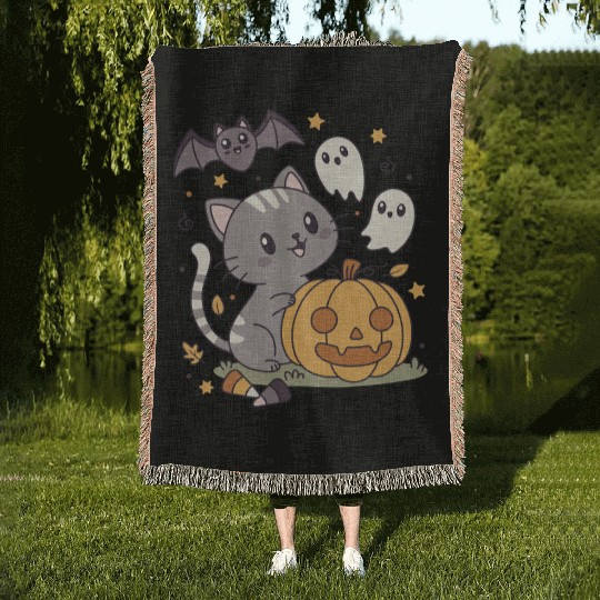 Halloween Kawaii Cat Bat Pumpkin Woven Blankets