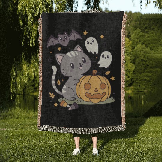 Halloween Kawaii Cat Bat Pumpkin Woven Blankets