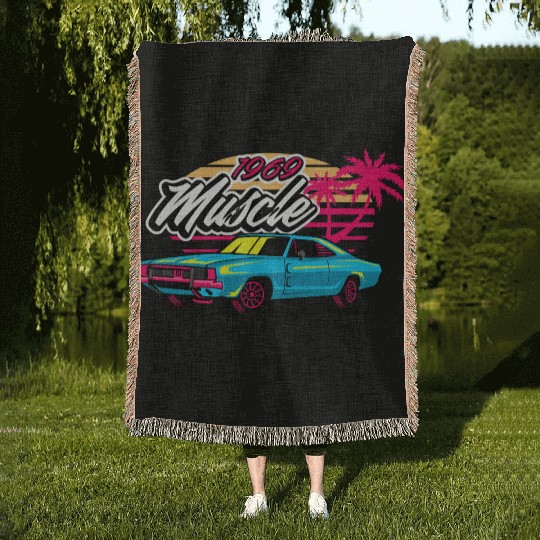 Retro 1969 Muscle Car Sunset Design Woven Blankets