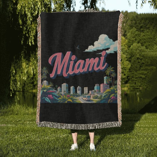 Vibrant Miami Skyline with Tropical Flair Woven Blankets